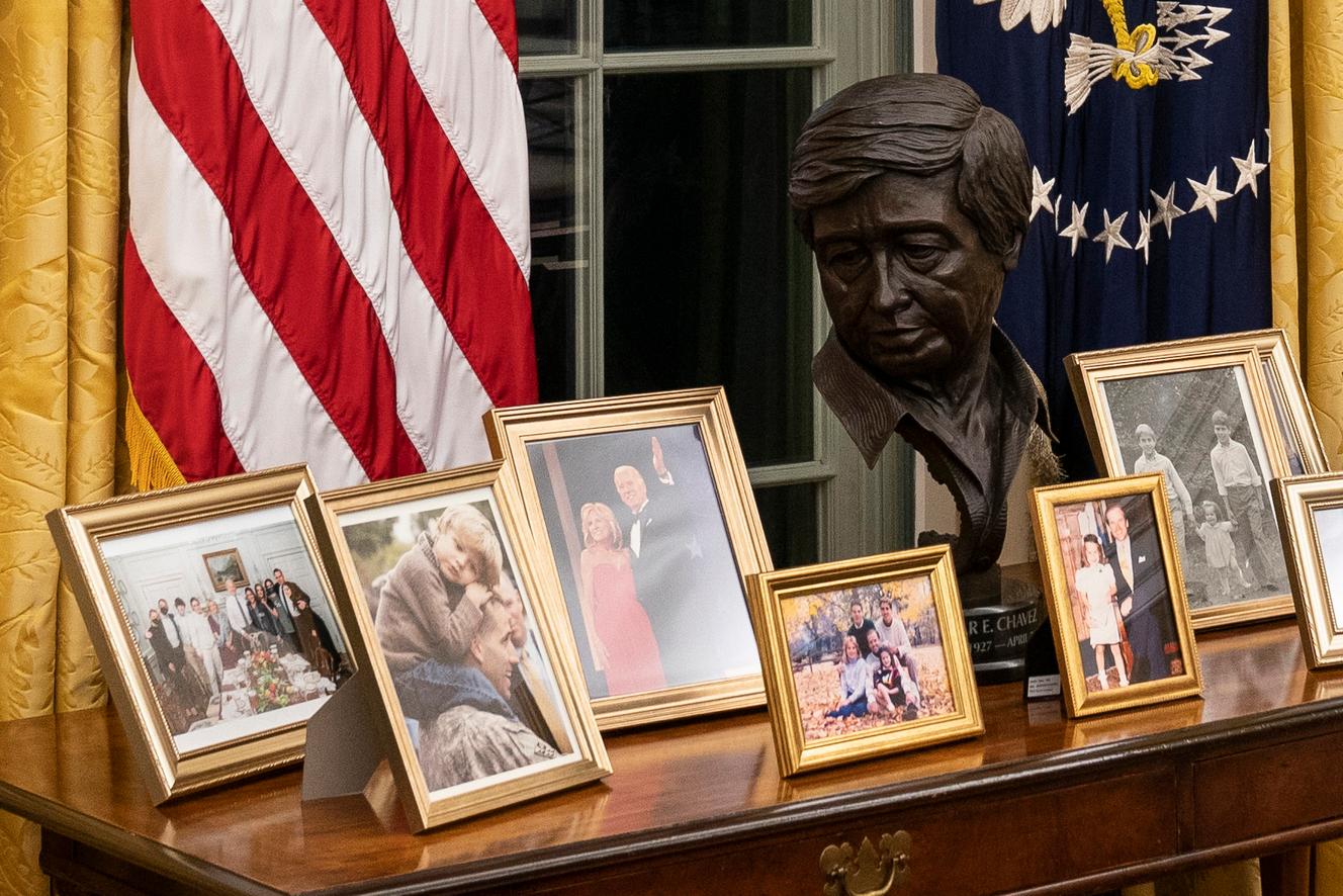 The crash of Caesar Chavez behind Joe Biden's desk.