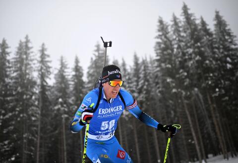 French Quentin Fillon Maillet competes in the IBU Biathlon World Cup Men's 20 km Individual Competition in Antholz-Anterselva, Italian Alps, on January 22, 2021. / AFP / Marco BERTORELLO