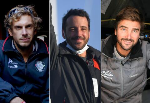 (COMBO)This combination of file pictures created on January 22, 2021 shows (From L) French skipper Thomas Rettant (LinkedOut) at Sables-d'Olonne on October 22, 2020, French skipper Charlie Dalin (Apivia) at Les Sables-d'Olonne on November 5, 2016, French skipper Louis Burton (Groupe Vallee) at Les Sables-d'Olonne on November 8, 2020, German skipper Boris Herrmann (LinkedOut) at Saint-Malo on October 30, 2018 and French skipper Yannick Bestaven (Maitre Coq V) at Saint-Malo on October 28, 2018. - The five sailors in the Vendee Globe round-the-world yacht race are in a pocket handkerchief of less than 2,000 miles (3,700 km) from the finish in Les Sables d’Olonne, on the Atlantic Ocean, Western France, after more than two and a half months of racing, according to the AFP on January 22, 2021. (Photos by Loic VENANCE and DAMIEN MEYER / AFP)