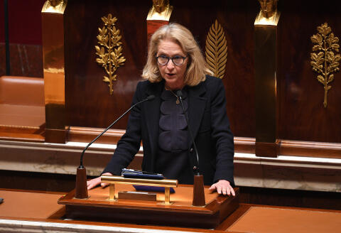 French centre-right Agir party member of parliament Laure de La Raudiere speaks during a debate on the French government's plan to exit from the lockdown situation at the French National Assembly in Paris on April 28, 2020, on the 43rd day of a lockdown aimed at curbing the spread of the COVID-19 pandemic, caused by the novel coronavirus. - France on April 28 unveils how it intends to progressively lift a six-week lockdown credited with checking the coronavirus outbreak. The French prime minister's address will be followed by a debate and a vote, with just 75 of the 577 lawmakers allowed into the National Assembly in line with social distancing measures. The rest will vote by proxy (Photo by David NIVIERE / various sources / AFP)