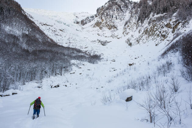 Le guide Vincent Ravanel marche où se situait il y a quelques dizaines d'années le glacier des Bossons, à Chamonix (Haute-Savoie), le 19 janvier.
