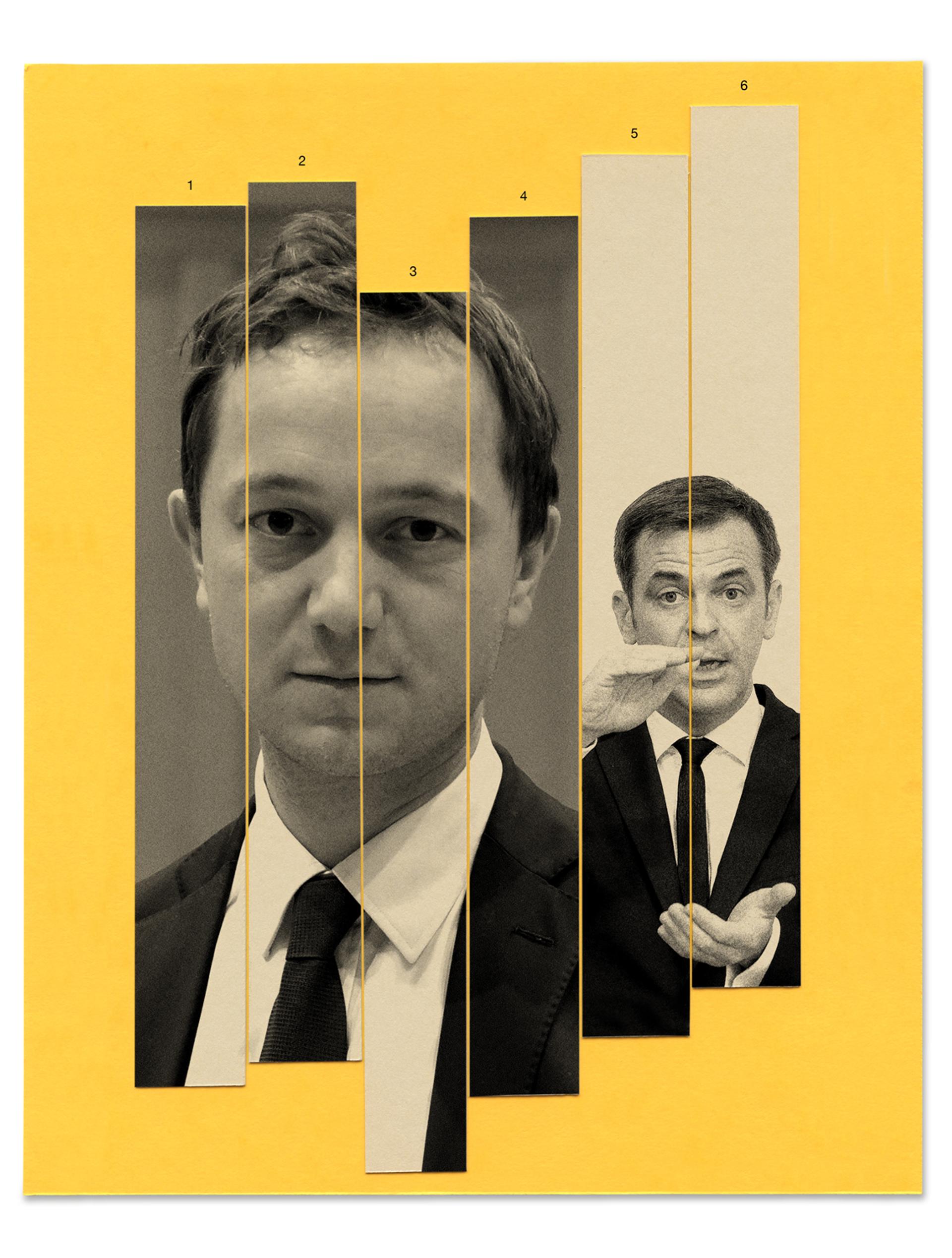 Maël de Calan (à gauche), consultant chez McKinsey, a participé avec le ministre de la santé, Olivier Veran, en décembre, au lancement du plan de vaccination avec les directeurs d’hôpitaux. Collage Camille Durand pour M Le Magazine du Monde à partir de photos de Apaydin/ABC/Andia.fr, Jonathan Rebboah/Panoramic