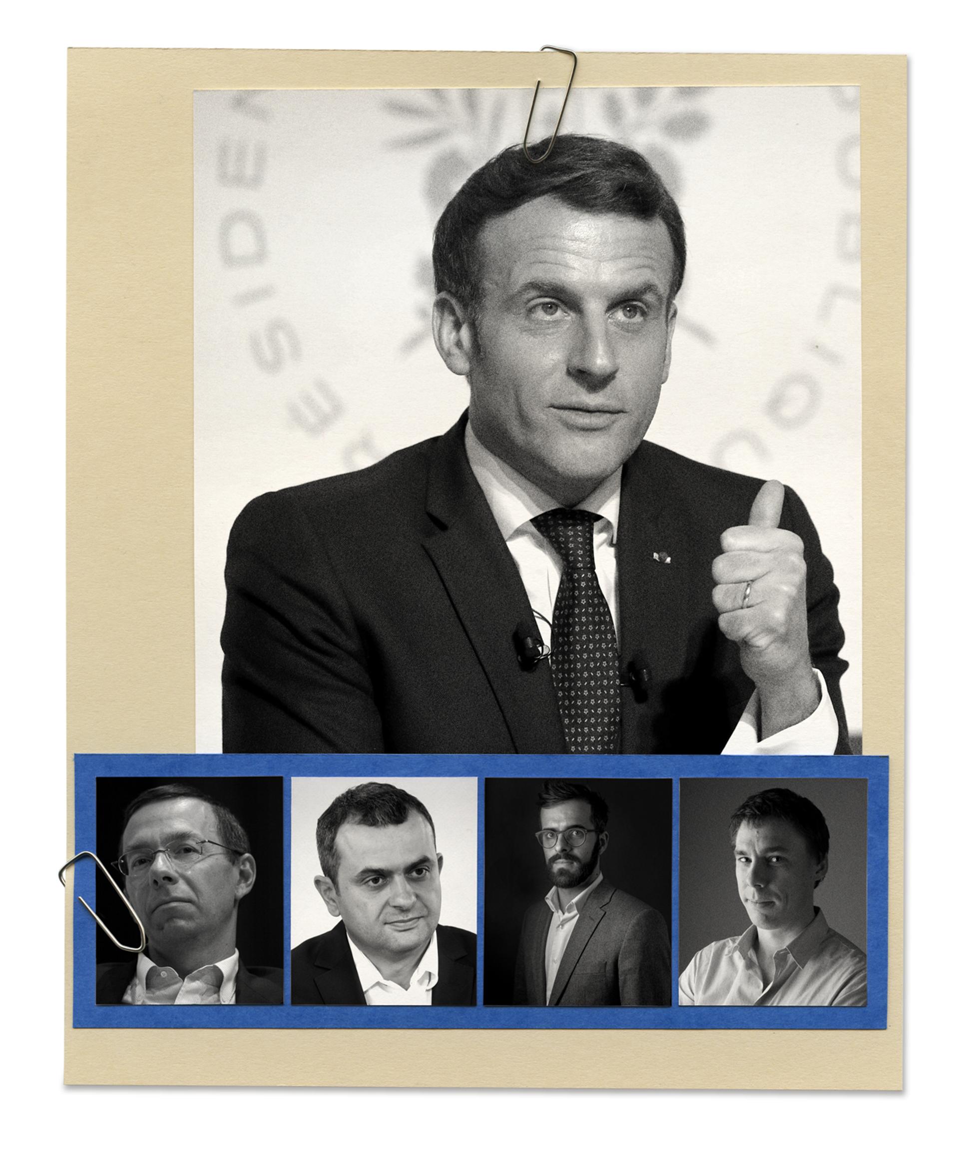 Emmanuel Macron et, de gauche à droite, Eric Labaye et Karim Tadjeddine, deux McKinsey, passés par la commission Attali, ainsi qu’Ismaël Emelien et Guillaume Liegey, un ex-McKinsey. Tous deux ont collaboré lors de la campagne présidentielle de 2017. Collage Camille Durand pour M Le Magazine du Monde à partir de photos de Francois Mori/AP/SIPA, Stéphane De Sakutin/AFP, Vincent Isore/IP3, Jean-Luc Bertini/Figarophoto.com, Philippe Matsas/Opale/Leemage
