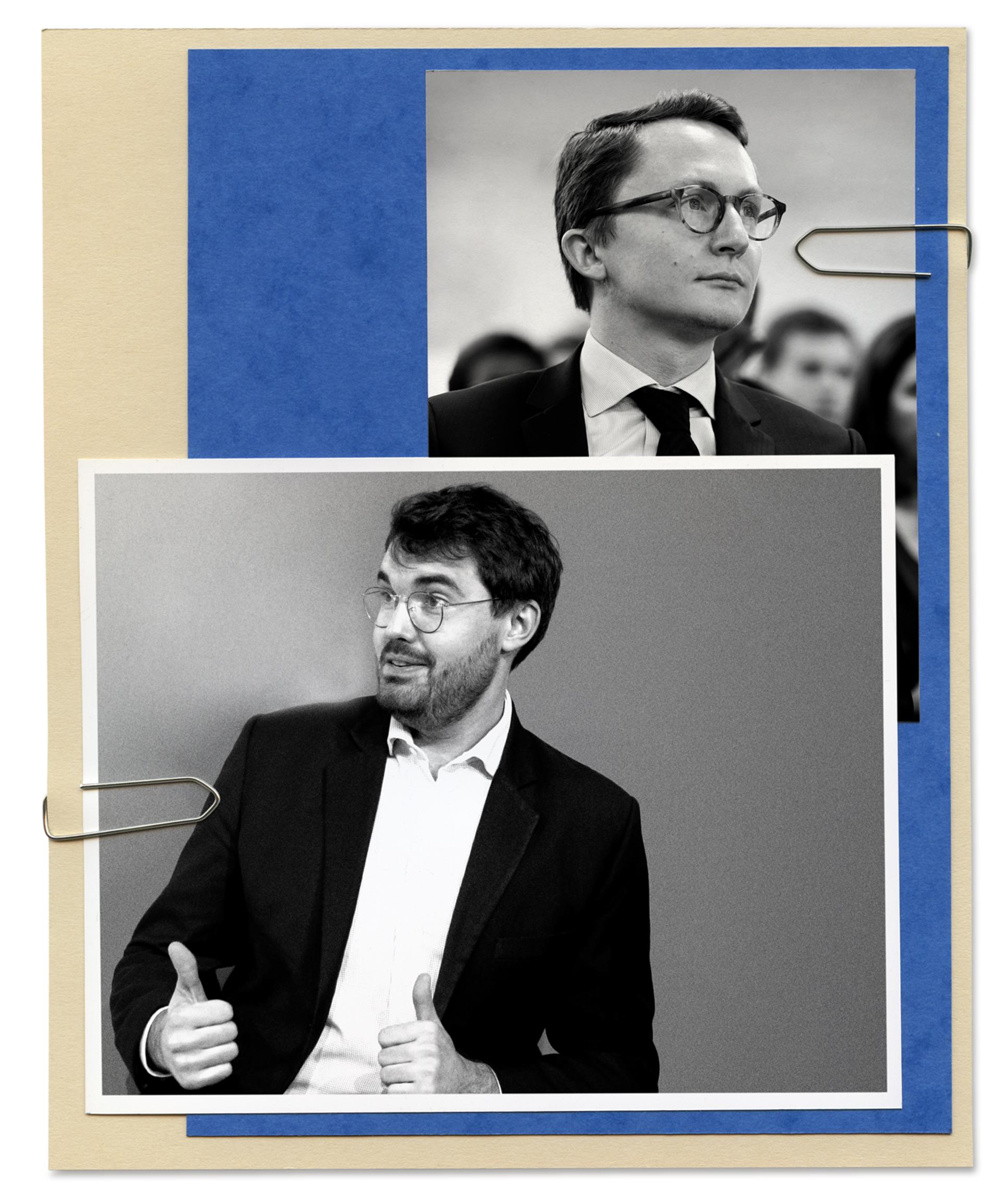 Paul Midy (en haut), directeur général de La République en marche, ex-McKinsey, et Martin Bohmert, ex-patron des Jeunes avec Macron, parti chez McKinsey. Collage Camille Durand pour M Le Magazine du Monde à partir de photos de Julien Muguet/Hanslucas, Christophe Morin/IP3