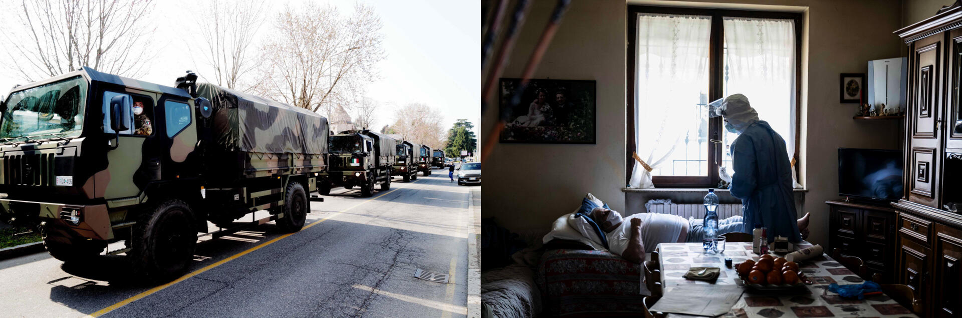 21 mars 2020. Des convois de camions militaires assurent le transport des corps des victimes du Covid-19, à Bergame, en Italie. Le 16 avril, près de Codogno, « épicentre » de l’épidémie dans le pays, un médecin rend visite à un malade du Covid-19 à son domicile.