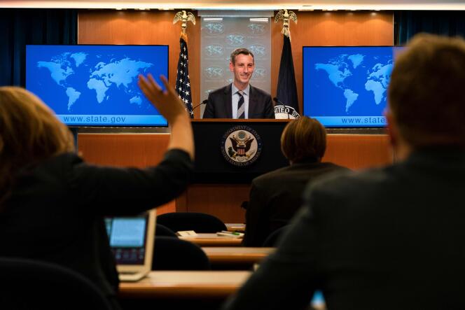 US State Department spokesman Ned Price is speaking at a Feb. 3 press conference at the State Department in Washington, DC.