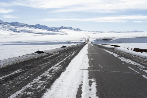 The main highway that connects Naryn to Torugart Pass is pictured near the canceled At-Bashy Logistic Hub in At-Bashy, Kyrgyzstan, Tuesday, Jan. 12, 2021. The cancelled logistic hub is located at deserted land with an elevation of 3,600 meters. (Yam G-Jun for Le Monde)