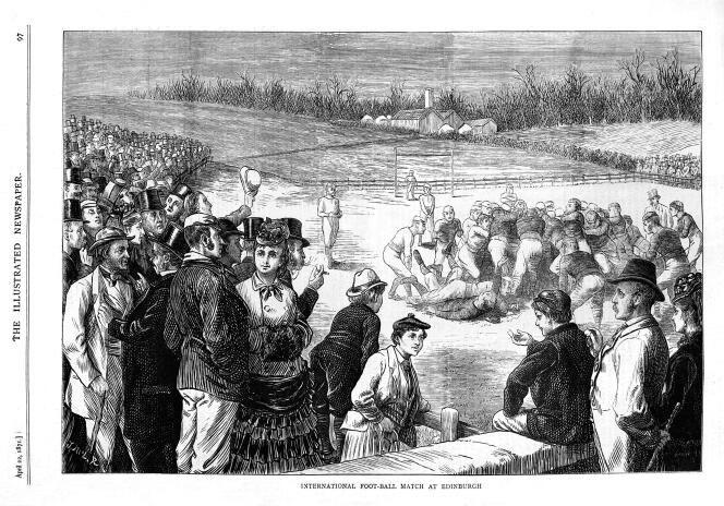 Le premier match international de rugby, disputé en 1871 entre l’Ecosse et l’Angleterre, dessiné par John Ralston et publié dans « The Illustrated Newspaper ».