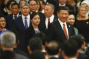 Chinese President Xi Jinping, his wife Peng Liyuan and other leaders arrive for the welcoming banquet for the Belt and Road Forum at the Great Hall of the People in Beijing on May 14, 2017. - China touted on Sunday its new Silk Road as "a project of the century" at a summit highlighting its growing leadership on globalisation, but a North Korean missile test threatened to overshadow the event. (Photo by DAMIR SAGOLJ / POOL / AFP)