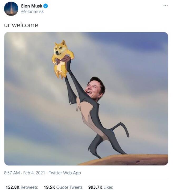 Photomontage inspiré du « Roi lion », des studios Disney, publié par Elon Musk le 4 février sur Twitter, avec la mascotte de la cryptomonnaie Dogecoin. En quelques jours, cette plaisanterie a recueilli près d’un million de « like ».