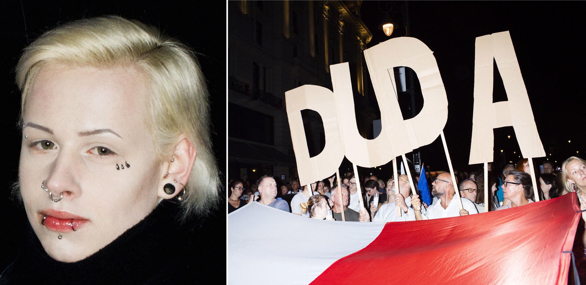 A gauche : une manifestation à Varsovie contre la modification de la loi sur l’avortement, le 23 mars 2018. A droite : en juillet 2018, la rue manifeste contre la politisation du système judicaire, en scandant le nom du président du PIS, Andrzej Duda.