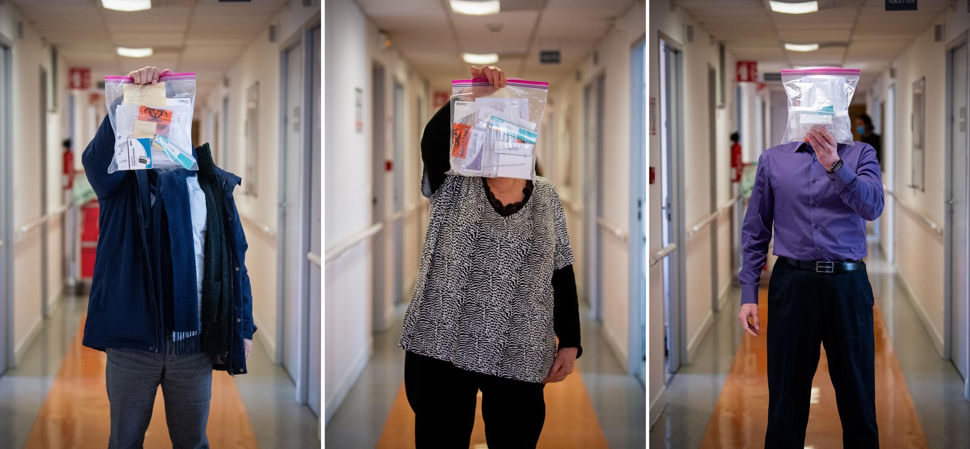 Trois volontaires recrutés via la plate-forme Covireivac pour participer à l’essai clinique du vaccin contre le Covid-19 mis au point par Johnson & Johnson, au centre d’investigation clinique de l’Hôtel-Dieu à Paris, le 10 février.