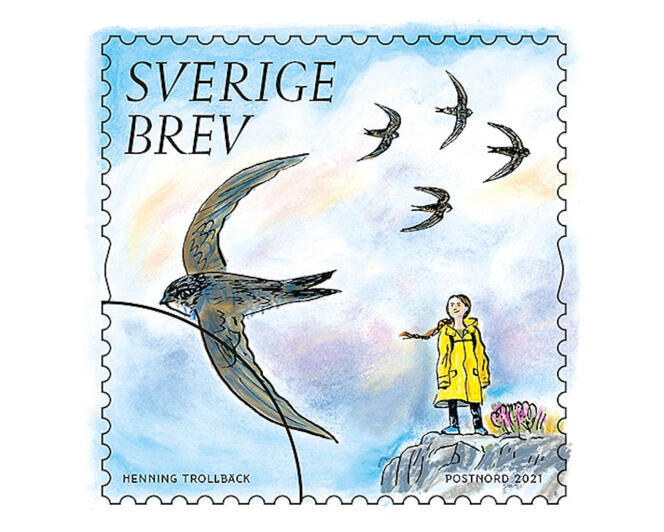 Silouette de Greta Thunberg, sur un timbre suédois paru en janvier, dessiné par Henning Trollbäck.