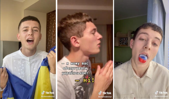 Danylo Haïdamakha, 20 ans, est devenu une star de TikTok avec ses vidéos humoristiques sur la langue ukrainienne, dont il est un ardent défenseur. De gauche à droite, il tient le drapeau ukrainien, il dit  « Je peux vous servir en ukrainien » et tire la langue avec le drapeau russe.