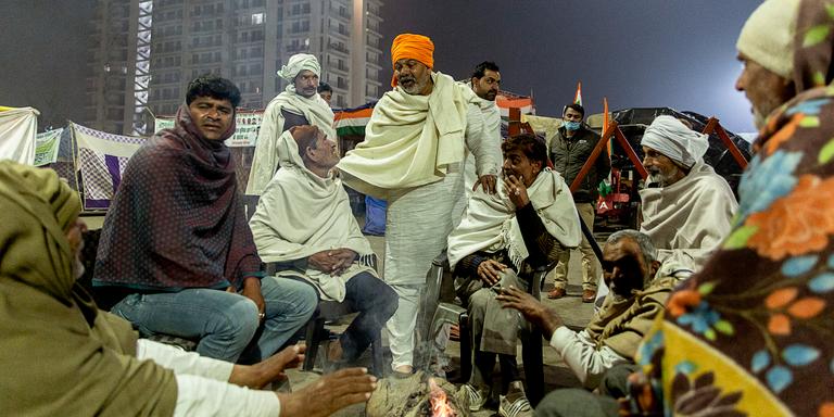 Rakesh Tikait ( wearing an orange turban ) at the Gazhipur Farmers protest at the New Delhi- Uttar Pradesh Border. Farmers have now been sitting in protest on the highway bordering the national capital for nearly three months against the 3 Farm Bills introduced by the goverment. The farmers beleive that the new laws will make it impossible for them to continue agriculture and that the laws are a ploy to allow big business to take over agriculture and farming in India.