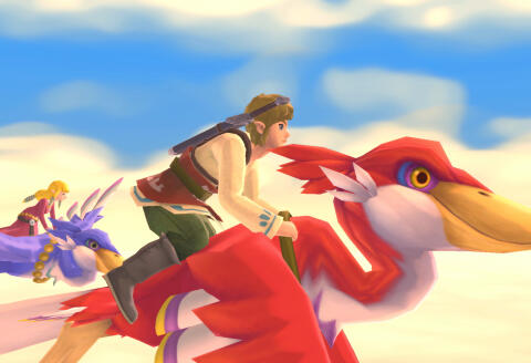 Link et Zelda chevauchent des oiseaux dans « Zelda : Skyward Sword HD ». Cette aventure commence à Celestebourg, une île qui flotte dans le ciel. Le jeu a été annoncé pour Juillet sur Switch lors de la conférence Nintendo Direct de février 2021.