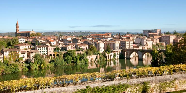 PHILIPPE ROY / Aurimages LES JARDINS A LA FRANCAISE, 18 EME SIECLE, LE CHEMIN DE RONDE DU PALAIS DE LA BERBIE, 13 EME SIECLE, LE TARN , LE PONT VIEUX , L' EGLISE ET LE QUARTIER DE LA MADELEINE, CENTRE HISTORIQUE DE LA VILLE D' ALBI, TARN, MIDI PYRENEES, OCCITANIE, FRANCE. (Photo by Philippe Roy / Philippe Roy / Aurimages via AFP)