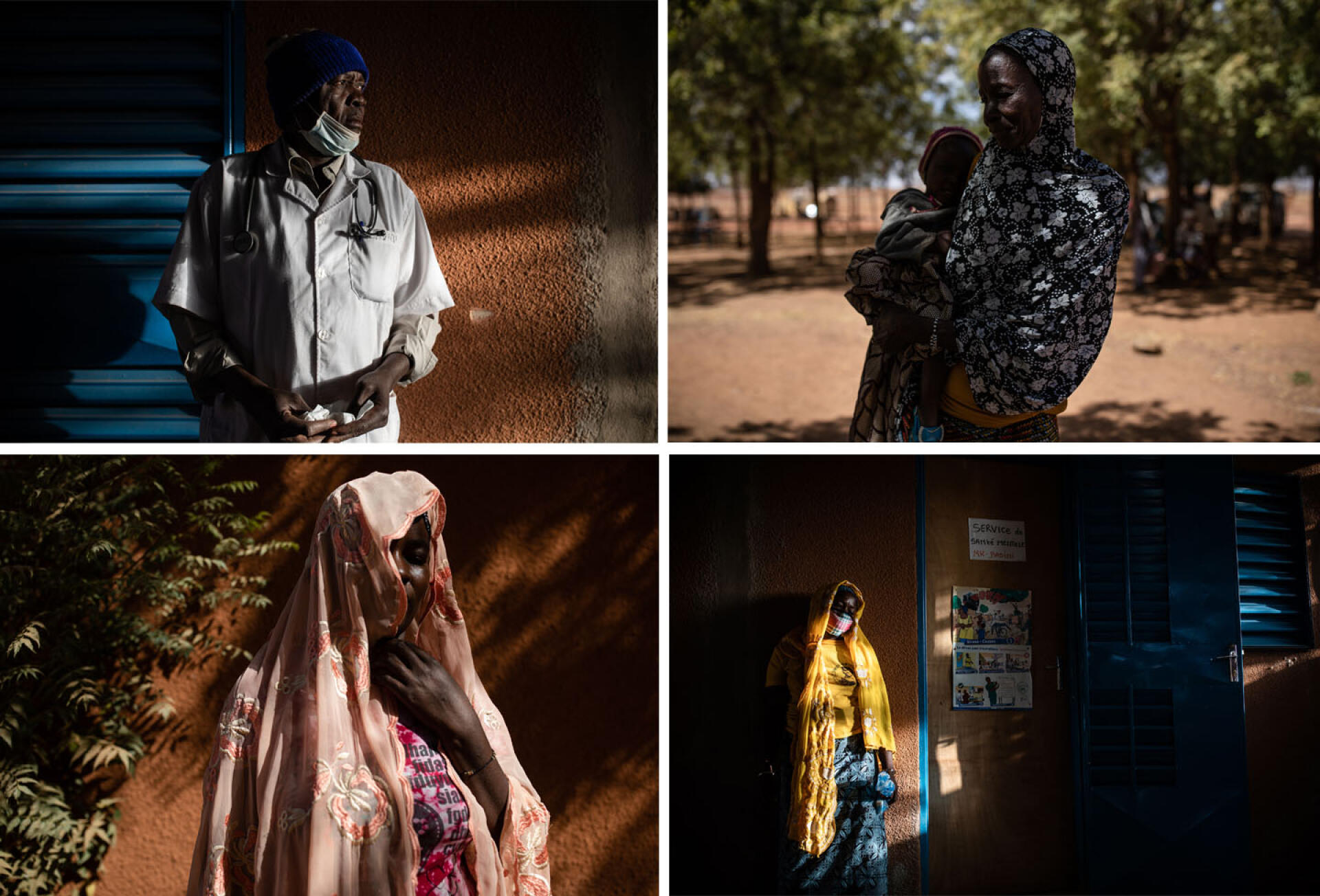 De gauche à droite et de haut en bas : 1 - Joseph Badini, assistant de santé mentale au centre médical de Kongoussi, dans le centre-nord du Burkina Faso. 2 - Maïmouna (le nom a été changé), 55 ans, est tombée en dépression lorsque que son mari l’a abandonnée à la suite des violences dans son village, Kiella. Seule, dans une situation précaire, avec désormais 13 enfants à sa charge, elle a pensé mettre fin à ses jours. 3 - Asseta (le nom a été changé), 28 ans, souffre de « dépression sévère » depuis l’attaque de son village par des hommes armés. 4 - Au centre médical de Kongoussi, devant le bureau de l’assistant de santé mentale Joseph Badini. Les 10 et 12 février 2021.