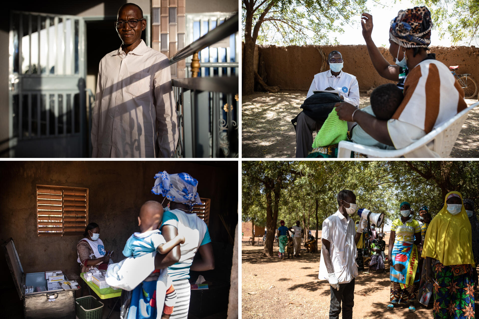 De gauche à droite et de haut en bas : 1 - Yacouba Ouédraogo, attaché de santé mentale de la clinique mobile de Médecins du monde, au siège de Kongoussi, dans le centre-nord du Burkina Faso. 2 - Yacouba Ouédraogo, attaché de santé mentale de la clinique mobile de Médecins du monde, écoute une patiente du village de Boulounga, dans le centre-nord du Burkina Faso. 3 - Le local pharmacie mis en place par la clinique mobile de Médecins du monde lors de son passage au village de Boulounga, dans le centre-nord du Burkina. 4 - Boukary, agent itinérant de santé, explique aux patients comment l’équipe de la clinique mobile va les recevoir et les rediriger en fonction de la nature de leur problème de santé. Les 10 et 12 février 2021.