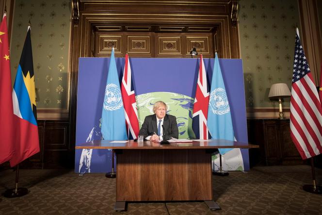 Le premier ministre britannique, Boris Johnson, préside une session du Conseil de sécurité de l’ONU sur le climat et la sécurité en visioconférence, le 23 février 2021.