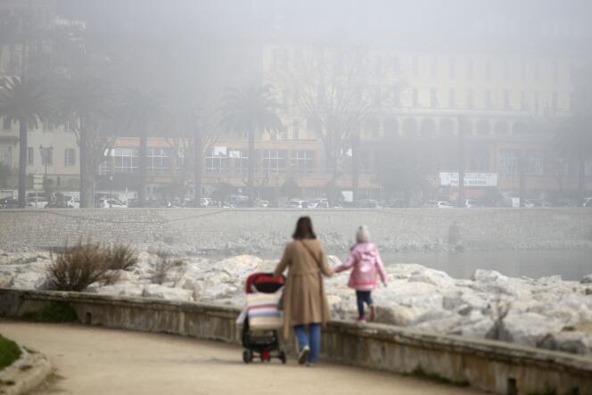 Une femme et son enfant se promènent dans un brouillard de pollution, à Ajaccio, le 25 février.