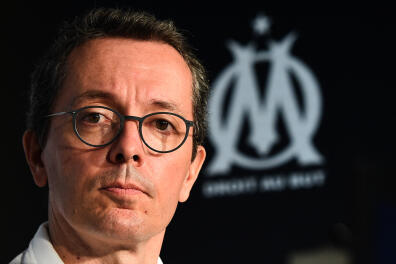 (FILES) In this file photo taken on September 04, 2019 Olympique de Marseille's French president Jacques-Henri Eyraud speaks during a press conference at the Robert-Louis Dreyfus training centre in Marseille, southern France. - Marseille's game against Rennes in France's Ligue 1 on January 30, 2021, was postponed after hundreds of angry supporters broke into the club's training ground in a violent protest. "Given the incidents this afternoon at the Olympique de Marseille training ground, the game between OM and Rennes is postponed to a later date," the French league (LFP) said in a statement posted on its website. (Photo by Boris HORVAT / AFP)
