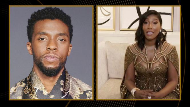 Taylor Simone Ledward, veuve de Chadwick Boseman, accepte sa récompense pour lui.