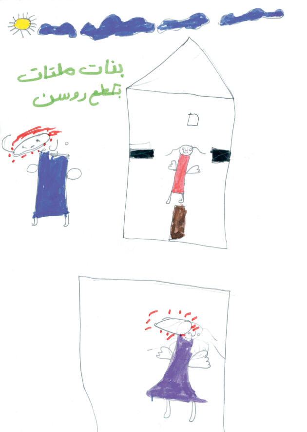 « Des filles sont mortes. On coupe nos têtes », peut-on lire sous la traînée bleue du ciel. Ce dessin est l’œuvre d’une fille de 8 ans, originaire de Deraa, dans le sud de la Syrie. Il a été réalisé, en 2016, dans un camp de réfugiés en Jordanie. Beaucoup d’enfants syriens aujourd’hui réfugiés, rappelle Médecins Sans Frontières, ont assisté « aux décapitations de civils par les membres de Daech ».