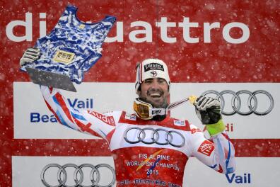 (FILES) In this file photo taken on February 15, 2015 Gold medailist France's Jean-Baptiste Grange reacts during the medal ceremony after winning the 2015 World Alpine Ski Championships men's slalom in Beaver Creek, Colorado. Jean-Baptiste Grange, world slalom champion in 2011 and 2015, decided to retire, the French Ski Federation announced on March 05, 2021, in a press release. / AFP / Fabrice COFFRINI 