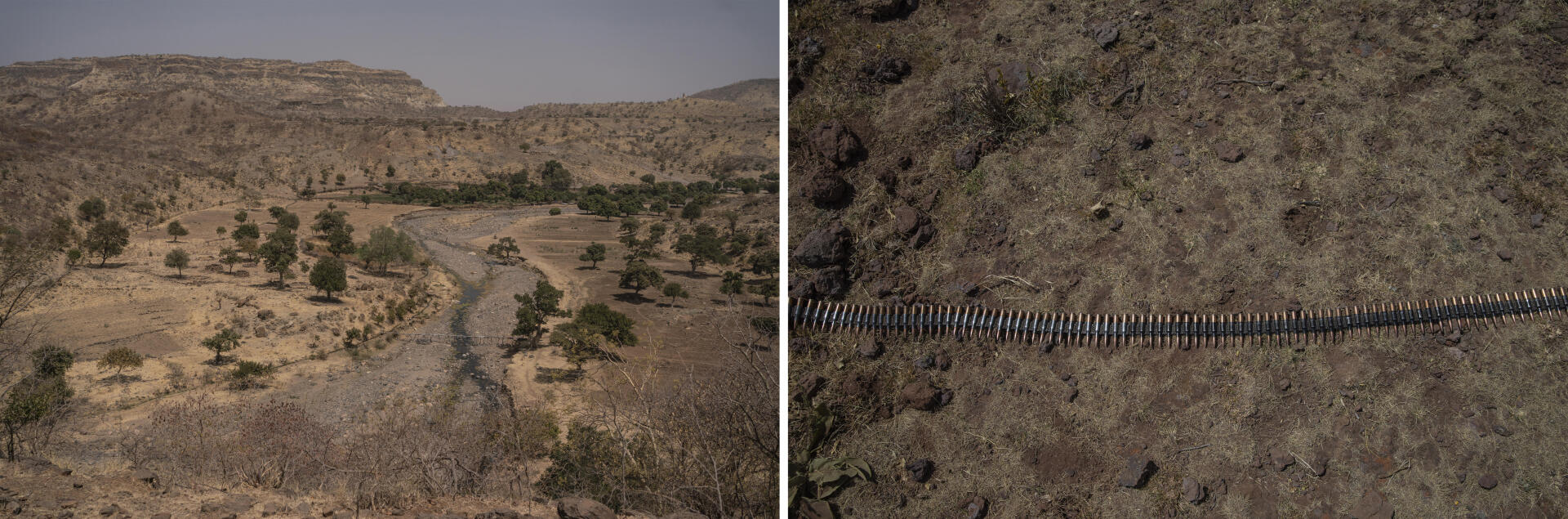 De gauche à droite : 1- En hiver, le wadi « Amur » est presque à sec. De nombreux éleveurs profitent de ce mince filet d’eau pour abreuver leurs bêtes. Des canaux d’irrigation acheminent l’eau vers des vergers situés en contrebas. Y poussent des orangers, des manguiers et toutes sortes de légumes. Vers l’est, les roches volcaniques du djebel Marra s’étendent à perte de vue. Plus on redescend, plus le climat est aride et les collines jaunies par le soleil. 2- Des munitions pour la mitrailleuse située en haut de la colline Difa, une position tenue par les rebelles de l’ALS. Djebel Marra, Darfour, Soudan, les 18 et 19 février 2021.