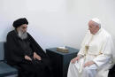 A photo released by the Grand Ayatollah Ali al-Sistani Office shows the meeting between Pope Francis, right, and Shiite Muslim leader Grand Ayatollah Ali al-Sistani in Najaf, Iraq, Saturday, March 6, 2021. Pope Francis arrived in Iraq on Friday to urge the country's dwindling number of Christians to stay put and help rebuild the country after years of war and persecution, brushing aside the coronavirus pandemic and security concerns to make his first-ever papal visit. (AP Photo)