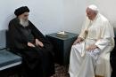TOPSHOT - A handout picture provided by the Vatican media office shows Pope Francis meeting top Shiite cleric Grand Ayatollah Ali al-Sistani, in the Iraqi shine city of Najaf, on March 6, 2021. === RESTRICTED TO EDITORIAL USE - MANDATORY CREDIT "AFP PHOTO / HO / Vatican News" - NO MARKETING - NO ADVERTISING CAMPAIGNS - DISTRIBUTED AS A SERVICE TO CLIENTS === / AFP / VATICAN MEDIA / STRINGER / === RESTRICTED TO EDITORIAL USE - MANDATORY CREDIT "AFP PHOTO / HO / Vatican News" - NO MARKETING - NO ADVERTISING CAMPAIGNS - DISTRIBUTED AS A SERVICE TO CLIENTS ===