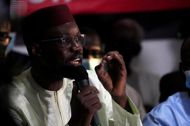 Senegalese opponent Ousmane Sonko speaks at a press conference in Dakar, March 8, 2021.