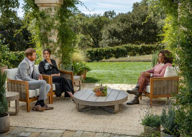 Lors de l’entretien accordé par le prince Harry et Meghan Markle à Oprah Winfrey, le 16 février, diffusé le 7 mars sur CBS.
