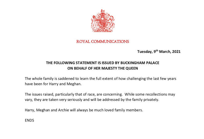 Déclaration faite au nom de la reine d’Angleterre, Elizabeth II, le 9 mars 2021.