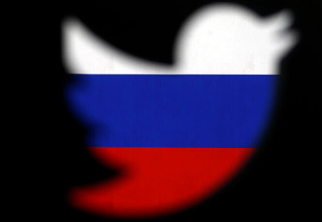 The Twitter logo in the colors of the Russian flag.