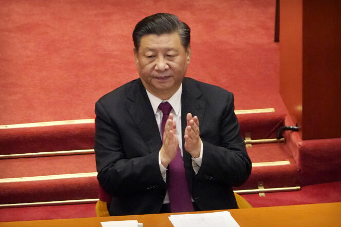 Le dirigeant chinois  Xi Jinping  lors de la clôture  de la « conférence politique consultative du peuple chinois », à Pékin, le 10 mars 2021.   
