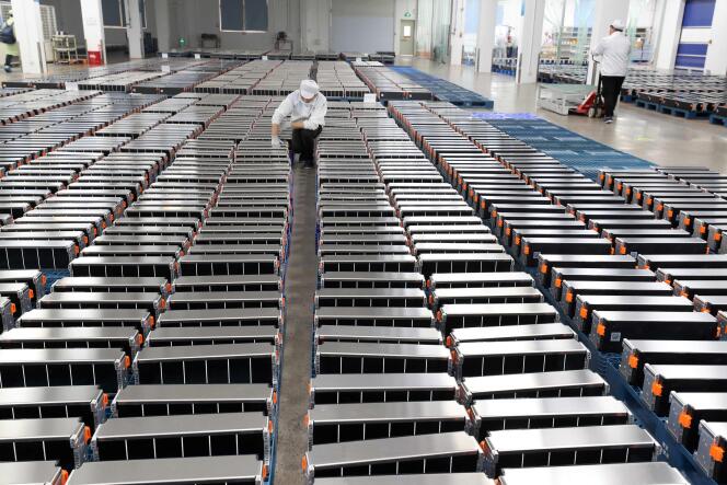 Des batteries de voiture au lithium dans une usine de la province chinoise du Jiangsu,d dans l’est de la Chine, le 12 mars 2021.