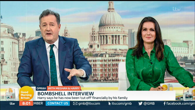 Piers Morgan et Susanna Reid, en direct de « Good Morning Britain », sur ITV, le 8 mars. Le présentateur vedette a démissionné de l’émission après avoir sévèrement critiqué Meghan Markle.