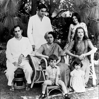 The late Indian Prime Minister Indira Gandhi with members of her family: son Sanjay Gandhi who died in a plane stunt, left; elder son Rajiv Gandhi, later shot dead; seated right is his wife Sonia Gandhi; with their two children Rahul Gandhi and Priyanka Gandhi. Behind right is Menaka, Sanjay's wife. Photograph taken in 1977. On May 13th 2004, Italian born Sonia trashed her opponents in the 2004 Indian  General Election to become Prime Minister to the suprise of many, keeping the Gandhi dynasty alive.  SEE Also: D 31015