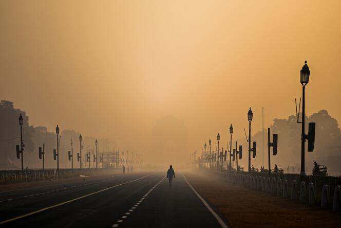 Le boulevard cérémonial Rajpath lors d’un pic de pollution à New Delhi, le 28 janvier.