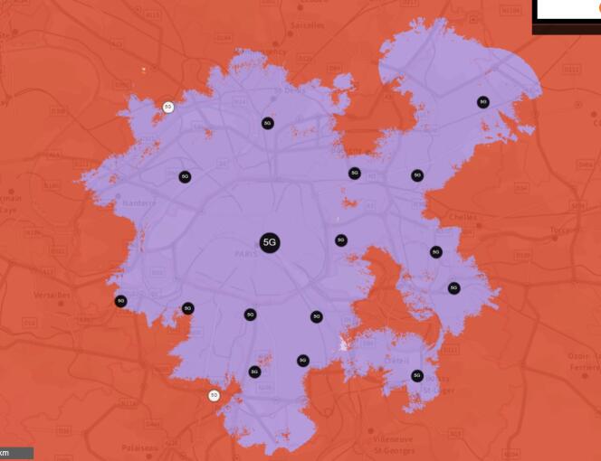 En violet, la couverture 5G en Ile-de-France. Sont oubliées des villes moyennes comme Sarcelles, Palaiseau ou Saint-Germain-en-Laye.