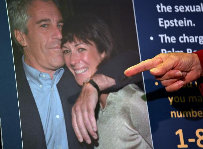 Portrait of Ghislaine Maxwell with Jeffrey Epstein, during the announcement of the charges against her during a press conference, in New York, in July 2020.