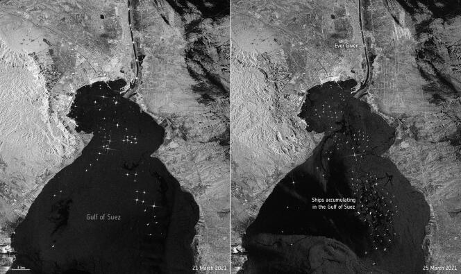 Une image satellite fournie par l’Agence spatiale européenne le vendredi 26 mars 2021 montre à gauche, le trafic maritime habituel du 21 mars et à droite, le trafic maritime perturbé le 25 mars.
