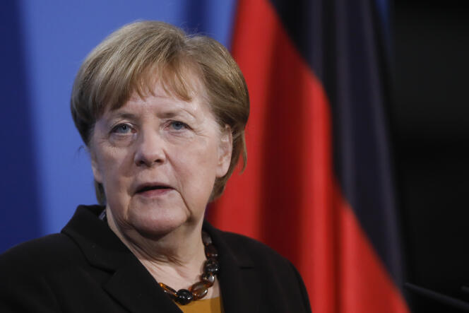 La chancelière allemande, Angela Merkel, à l’issue d’une vidéoconférence avec les leaders européens, à Berlin, le 30 mars,.