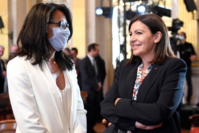La candidate aux régionales en Ile-de-France, Audrey Pulvar (à gauche) et la maire de Paris, Anne Hidalgo, à Paris, le 3 juillet 2020.