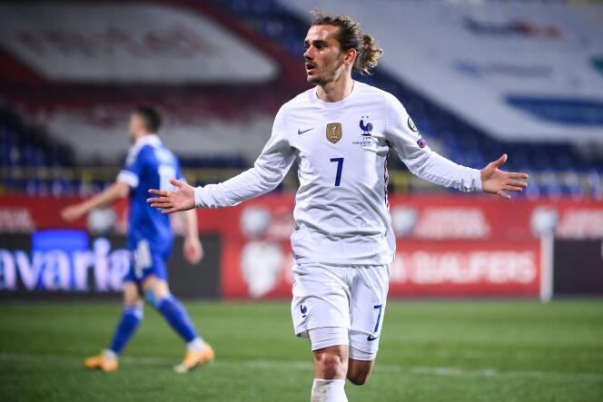 Antoine Griezmann, buteur pour l’équipe de France contre la Bosnie, le 31 mars 2021 à Sarajevo.
