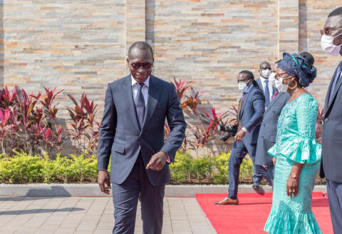 Patrice Talon, President of the Republic of Benin greets guests at the Palais de la Marina (Presidency of the Republic of Benin) on August 1, 2020 in Cotonou during the Independence Day celebrations. - On August 1, 1960, the Republic of Dahomey as Benin was previously called, becomes independent from France. (Photo by Yanick Folly / AFP)