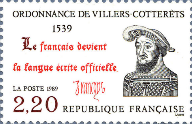 « Ordonnance de Villers-Cotterêts », timbre dessiné et gravé par Patrick Lubin, paru en 1989.