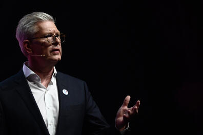 Swedish CEO of the multinational networking and telecommunications company Ericsson Borje Ekholm gestures as he speaks during his visit at the Vivatech startups and innovation fair, in Paris on May 16, 2019. (Photo by Philippe LOPEZ / AFP)
